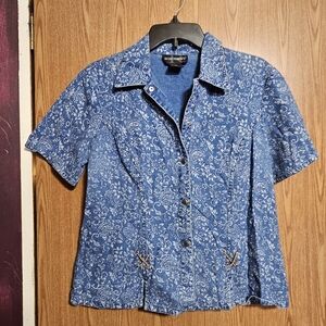 Requirements Vintage Denim Floral Buttons Blue And White Blouse Some fading!